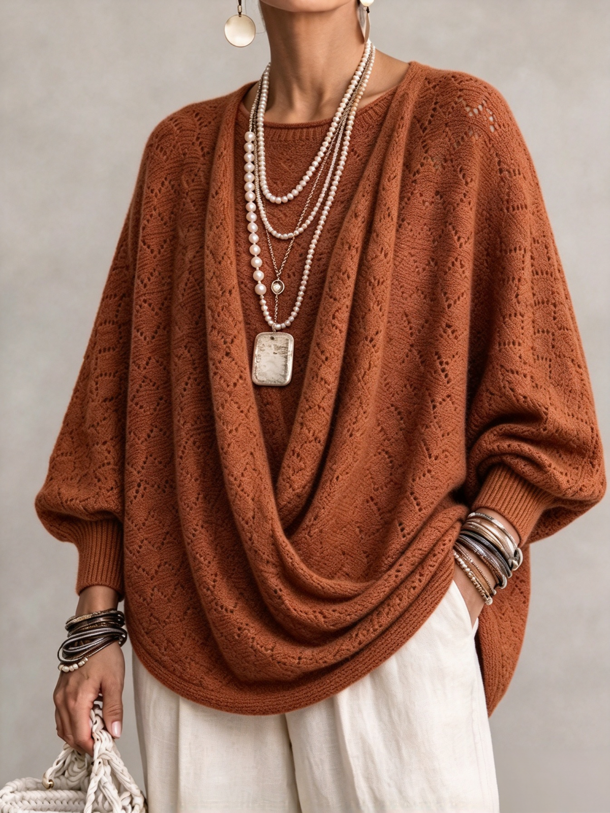 💛LAST DAY SAVE 49% ⏰Knit Top With A Cowl Neck, Cut-out Details, And Lantern Sleeves.