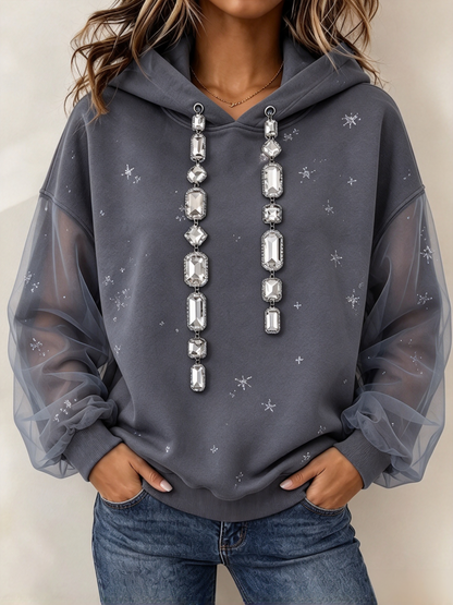 🤲LAST DAY SAVE 49% ⏰Chic Rhinestone-embellished Hoodie With Sheer Drawstring Sleeves
