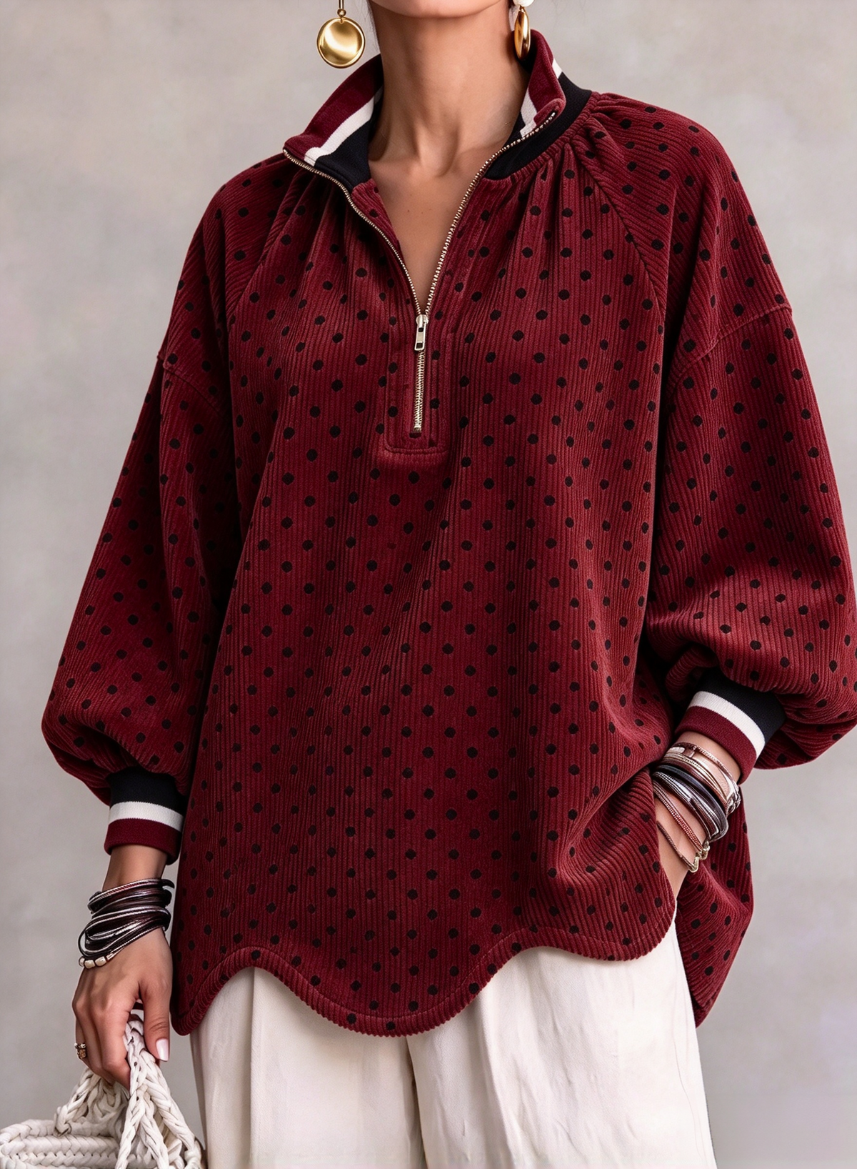 🤲LAST DAY SAVE 49% ⏰Chic Polka Dot Corduroy Zip-Up Pullover