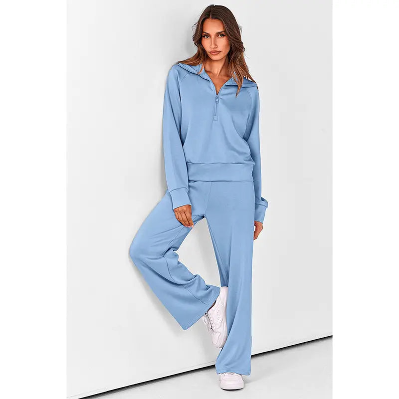 ✨✨Women's Casual 2-Piece Sweatsuit Set - Half Zip Pullover Sweatshirt & Wide Leg Pants with Drawstring - Matching Tops & Sweatpants for Comfort
