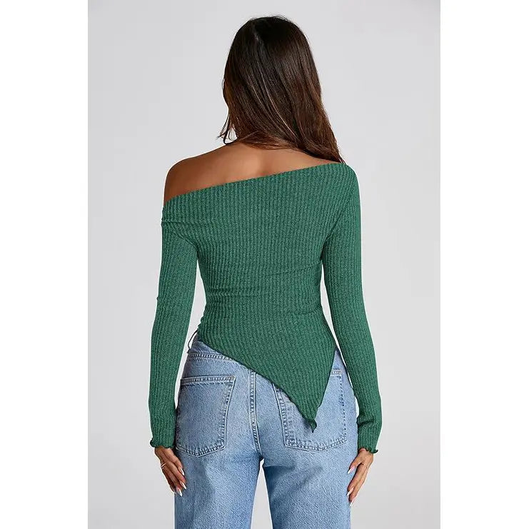 ✨✨Women's Long Sleeve Crop Top Trendy Off Shoulder Asymmetrical Fitted Knit Tee Shirts Going Out Ribbed Tops Womenswear Knitwear Basic Minimalist Minimalist