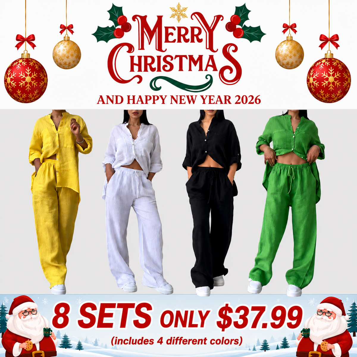 🎄Casual solid color cotton and linen pants two-piece set