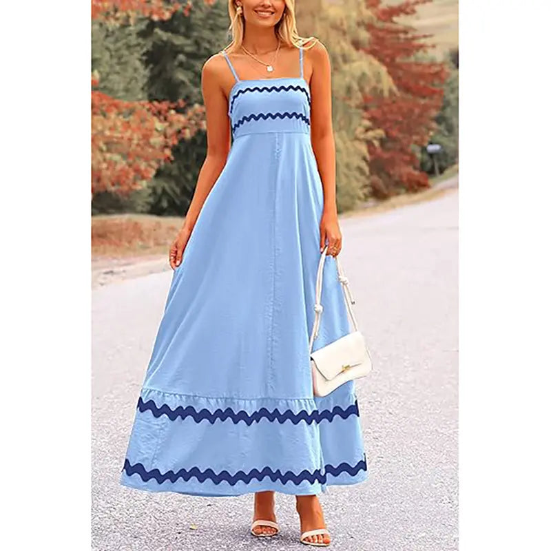 ✨✨Women's Summer Flowy Maxi Dress Casual Sleeveless Spaghetti Strap Ruffle Beach Long Dresses-Womenswear Minimalist Light Blue Basic Machine Washable