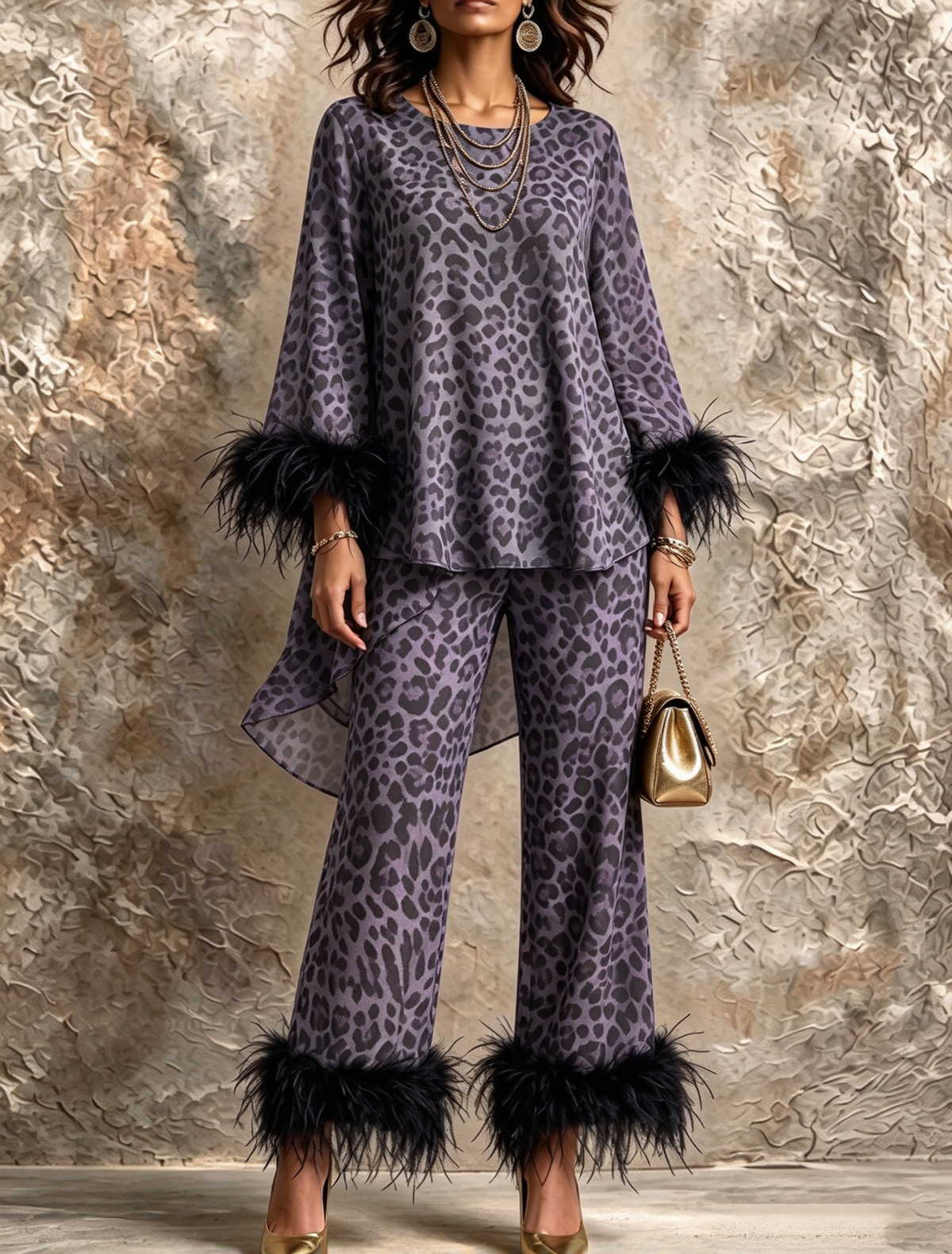 💛LAST DAY SAVE 49% ⏰Chic Leopard Print Feather-Trimmed Two-Piece Set