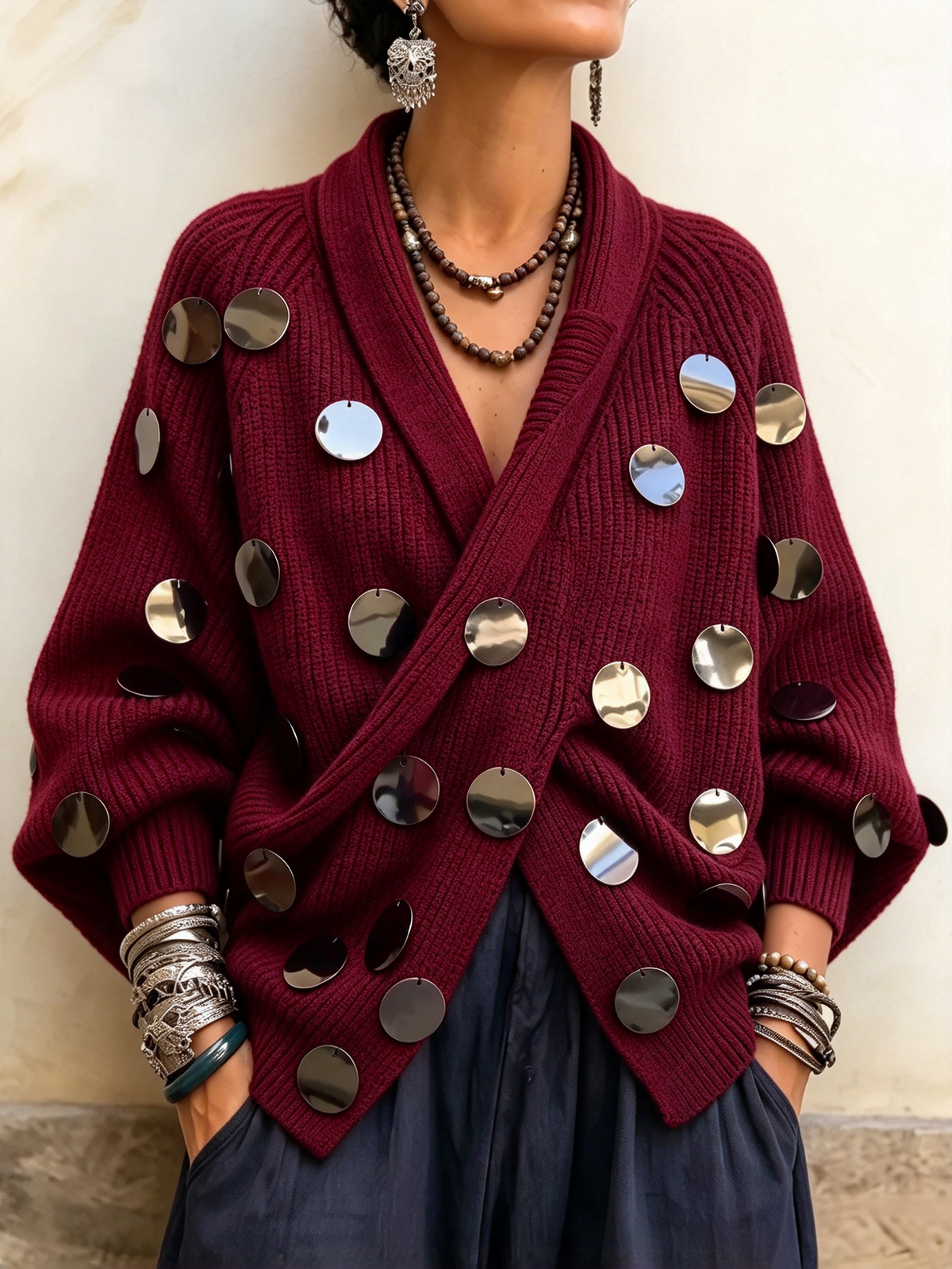 🤲LAST DAY SAVE 49% ⏰Embellished Metallic-Disk Wrap Cardigan