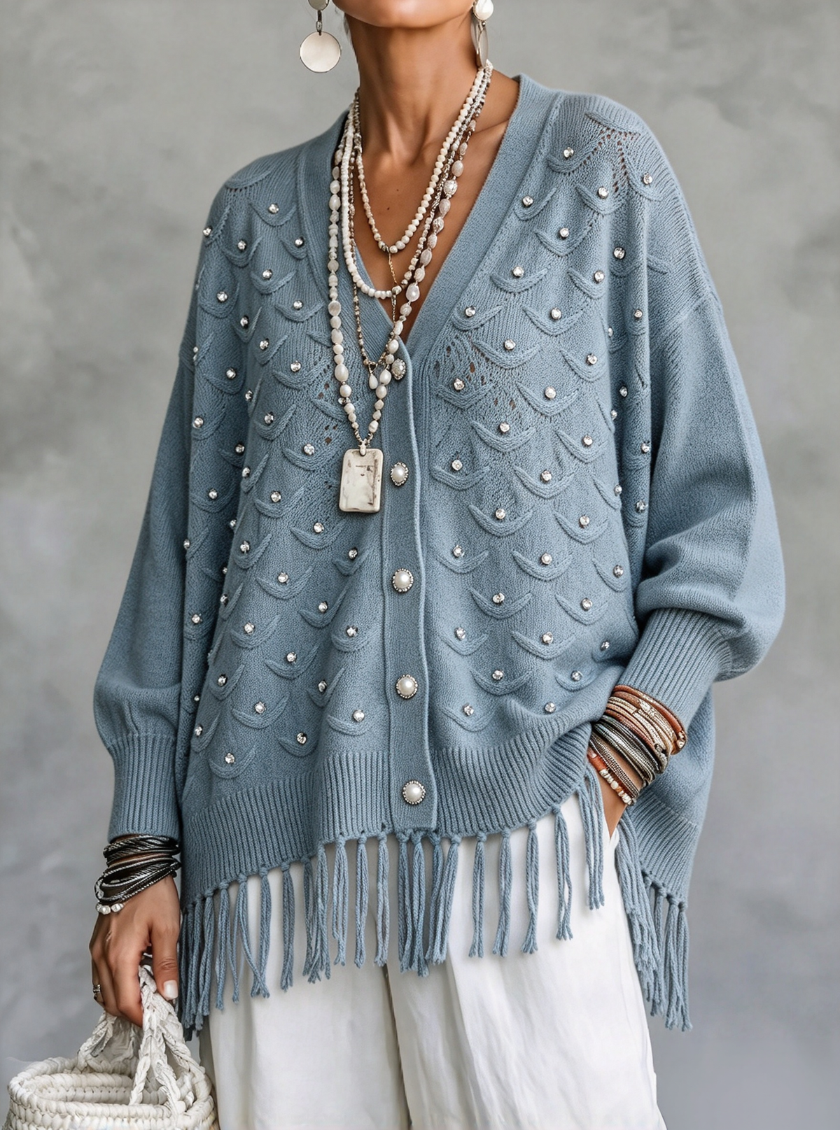🤲LAST DAY SAVE 49% ⏰Cozy Fringed Shinny Beaded V-Neck Cardigan