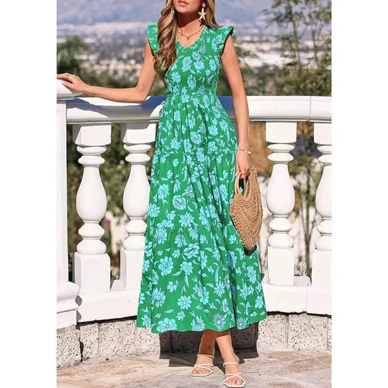 ✨✨Women's Cotton Boho Floral Maxi Dress Summer Smocked V Neck Ruffle Sleeve Spring Flowy Beach Vacation Sundresses