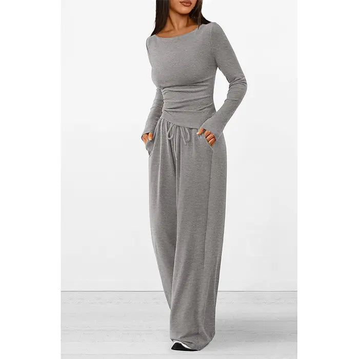 ✨✨Women's 2-Piece Lounge Set Asymmetrical Long Sleeve T-Shirt & Wide Leg Pants Casual Fitted Tracksuit Loungewear Basic Minimalist Clothing with Drawstring & Pockets