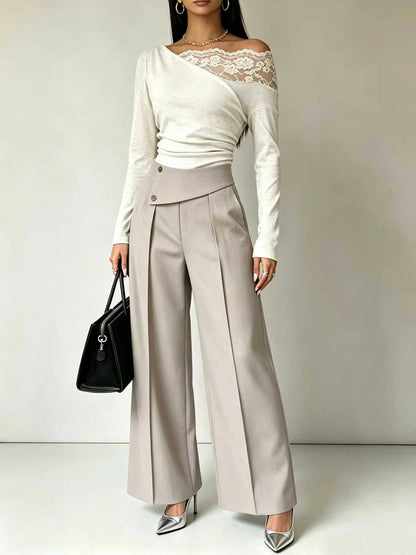 🤲LAST DAY SAVE 49% ⏰Lace-Trimmed Off-Shoulder Top & Wide-Leg Pants Set— FREE Handbag