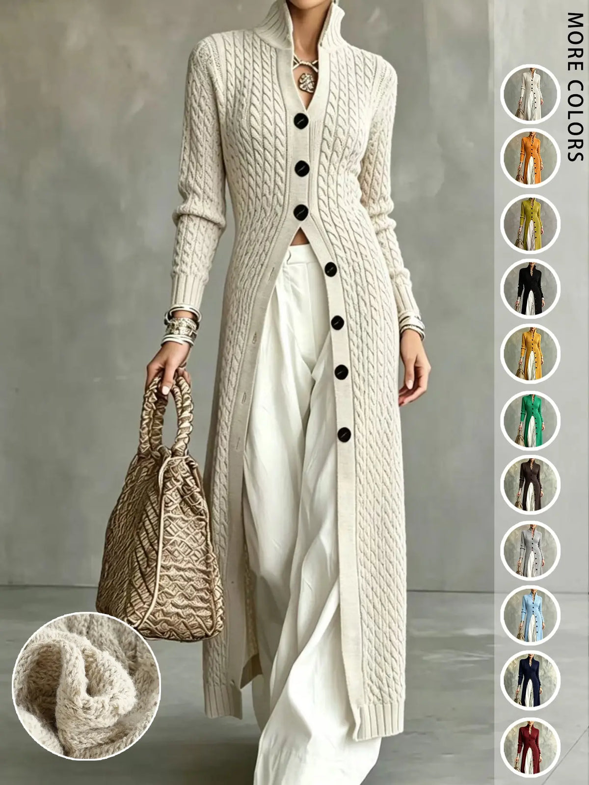 💚Women's Cable Knit Long Cardigan Slim Fit Acrylic Apricot Outerwear