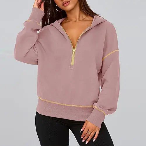 ✨✨Women's Pink Hooded Sweatshirt Long Sleeve Half Zip Cropped Pullover with Zipper & Stitching Detail for Winter Fashion