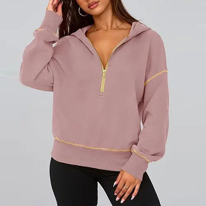 ✨✨Women's Pink Hooded Sweatshirt Long Sleeve Half Zip Cropped Pullover with Zipper & Stitching Detail for Winter Fashion