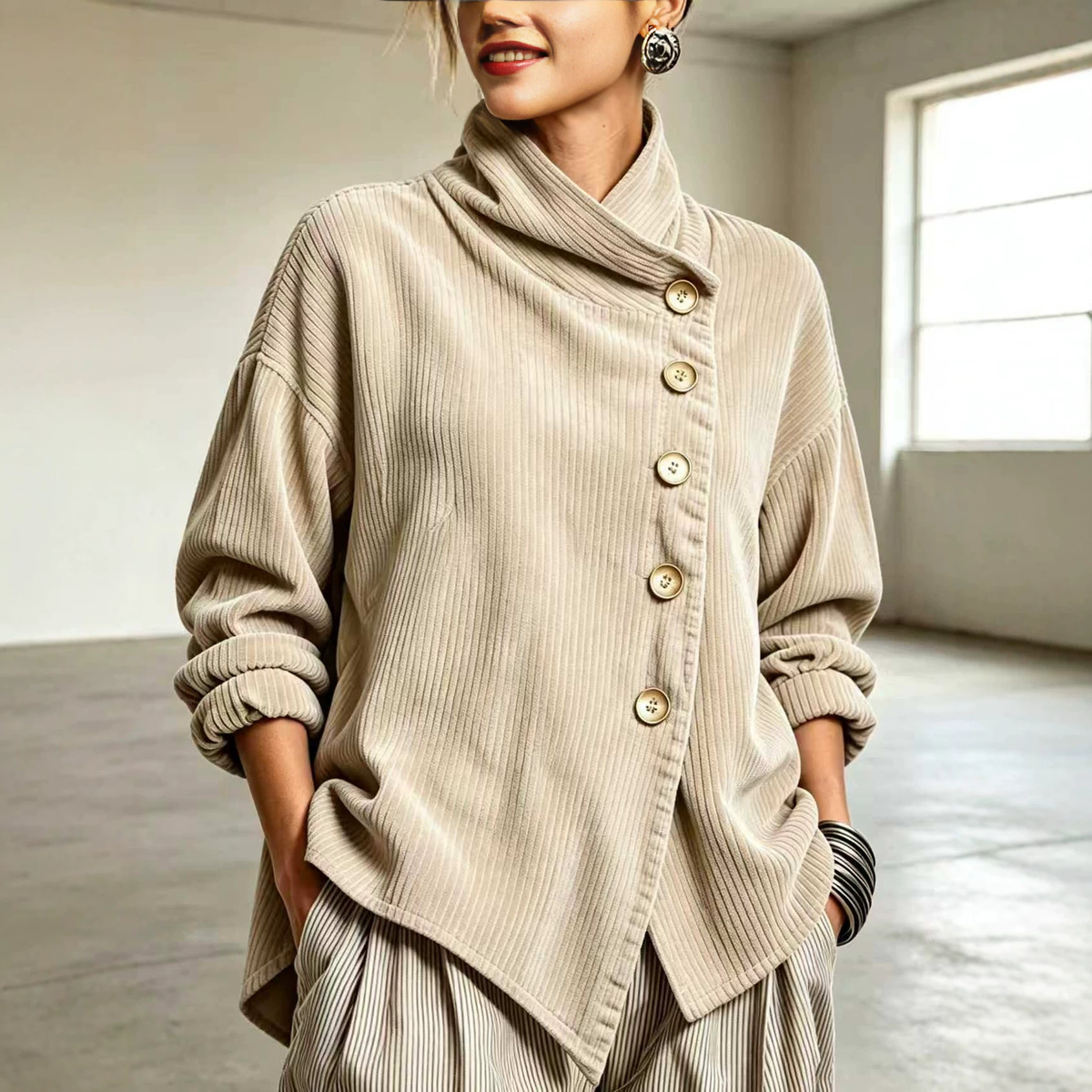 💛Cozy Asymmetric Button-Accented Corduroy Top