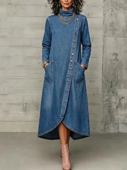 💛LAST DAY SAVE 49% ⏰High Neck Diagonal Button Large Pocket Denim Maxi Dress