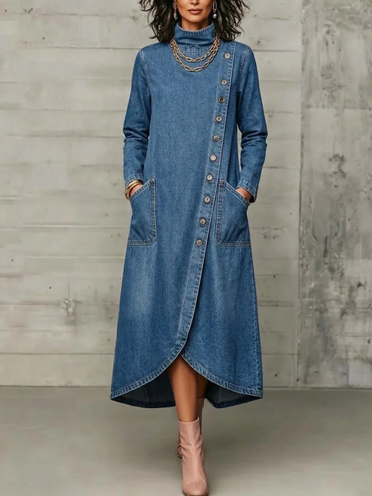 💛LAST DAY SAVE 49% ⏰High Neck Diagonal Button Large Pocket Denim Maxi Dress