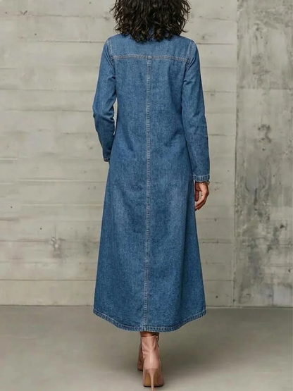 💛LAST DAY SAVE 49% ⏰High Neck Diagonal Button Large Pocket Denim Maxi Dress