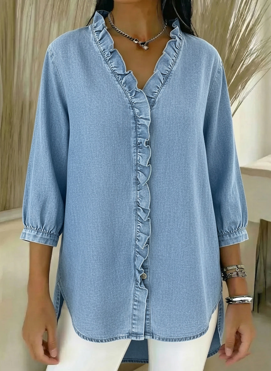 ✨⏰New Arrivals🔥 Women's Casual Denim V-Neck Ruffled Shirt