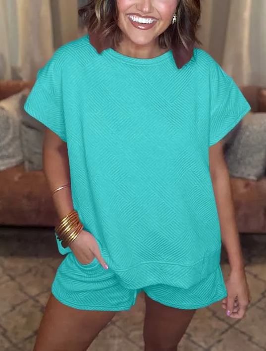 Women's Solid Textured Drawstring Shorts Set