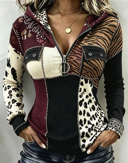 🤲LAST DAY SAVE 49% ⏰Chic Animal Patchwork Print Ribbed Hooded Top