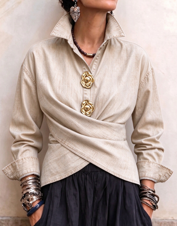 🤲LAST DAY SAVE 49% ⏰Chic Wrap-Front Denim Shirt with Gold Floral Buttons