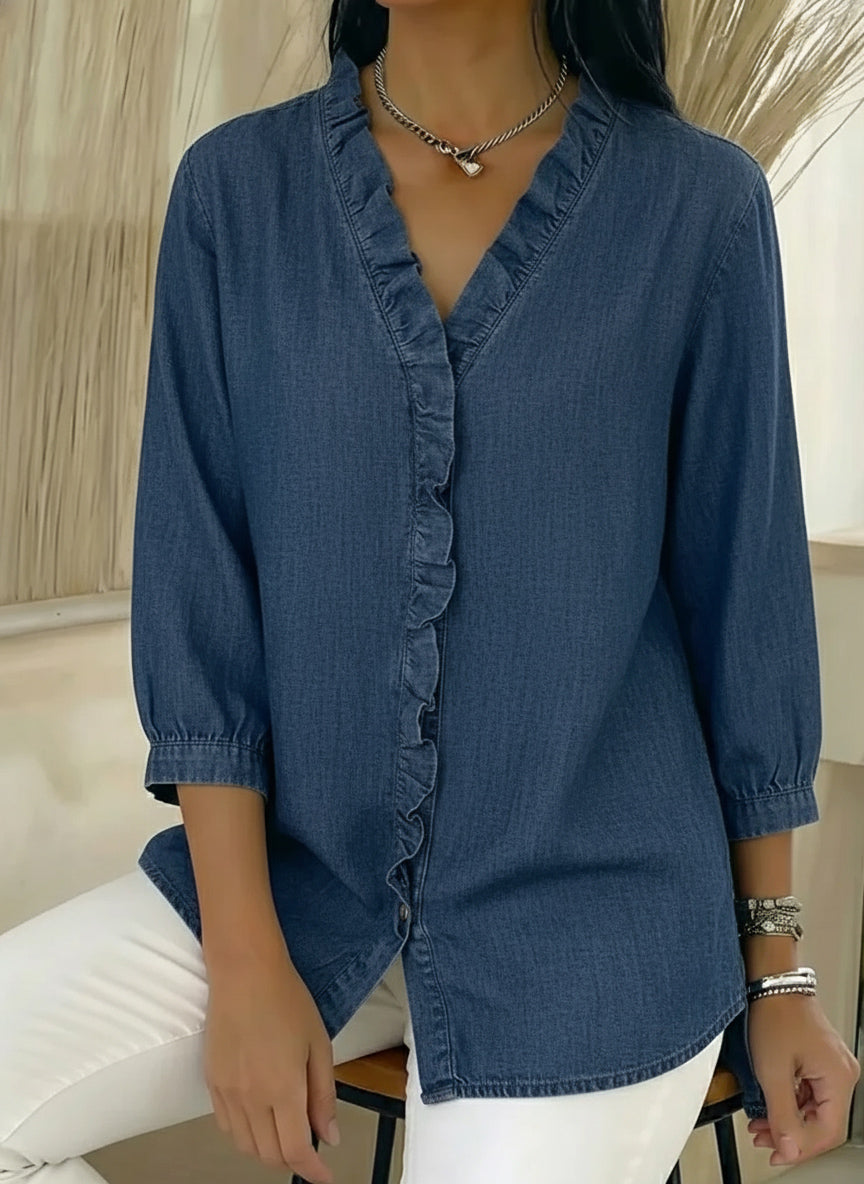 ✨⏰New Arrivals🔥 Women's Casual Denim V-Neck Ruffled Shirt