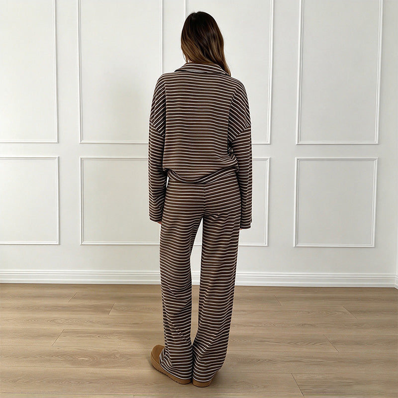 💚Long-sleeve collared striped casual wide-leg pant set
