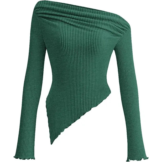 ✨✨Women's Long Sleeve Crop Top Trendy Off Shoulder Asymmetrical Fitted Knit Tee Shirts Going Out Ribbed Tops Womenswear Knitwear Basic Minimalist Minimalist