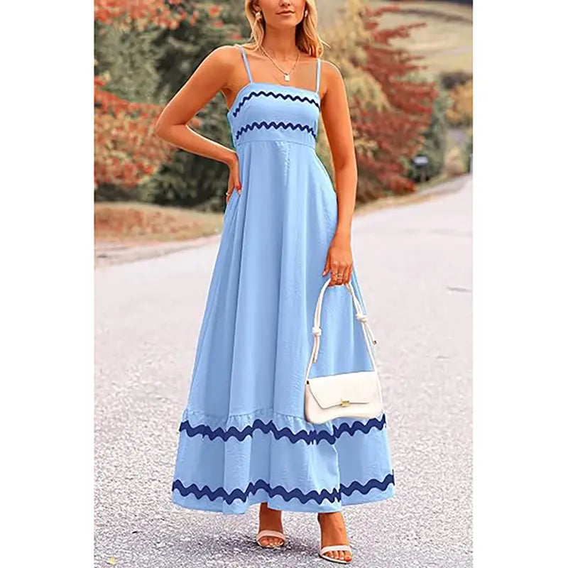 ✨✨Women's Summer Flowy Maxi Dress Casual Sleeveless Spaghetti Strap Ruffle Beach Long Dresses-Womenswear Minimalist Light Blue Basic Machine Washable