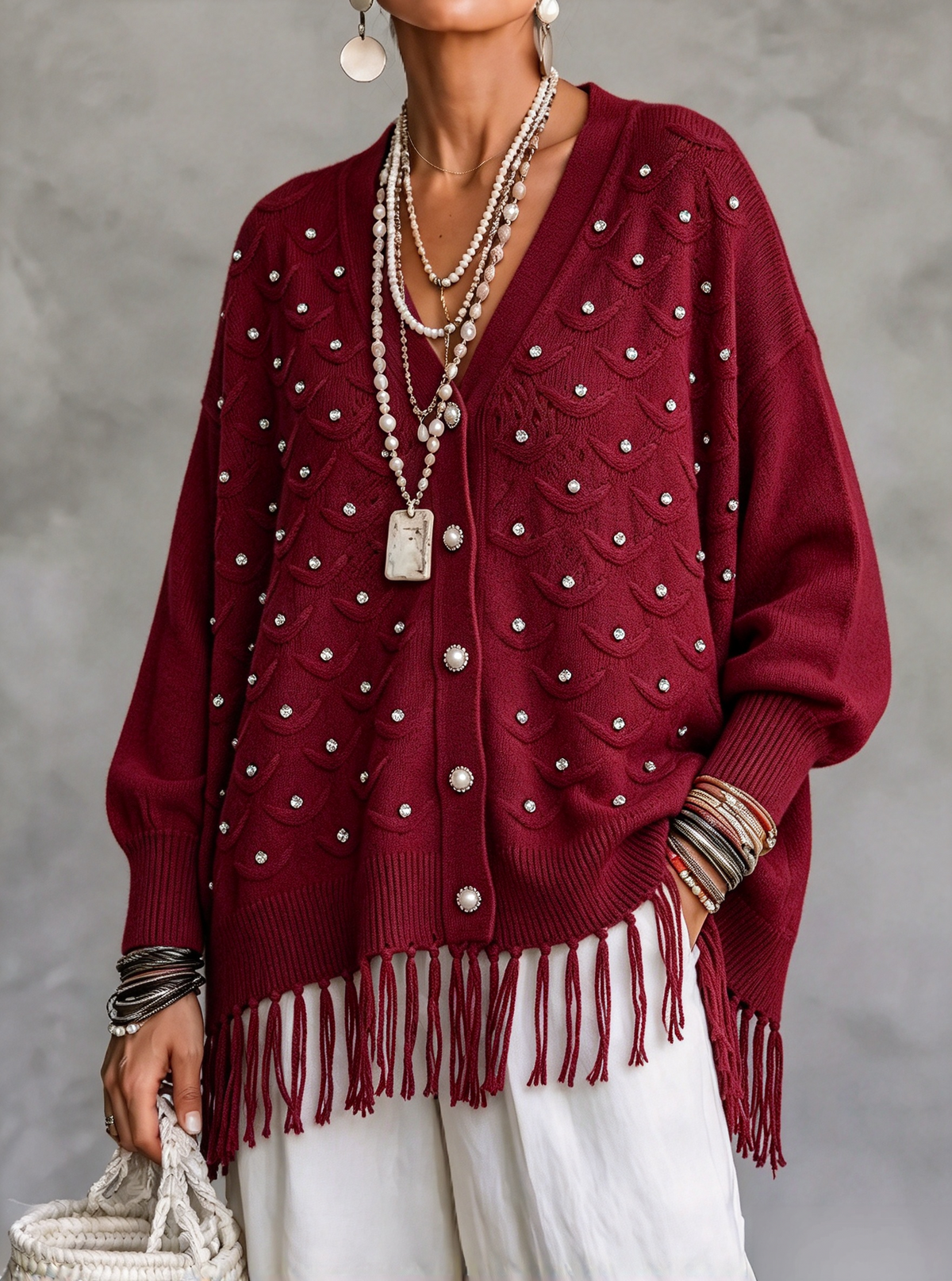 🤲LAST DAY SAVE 49% ⏰Cozy Fringed Shinny Beaded V-Neck Cardigan