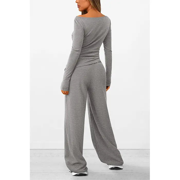 ✨✨Women's 2-Piece Lounge Set Asymmetrical Long Sleeve T-Shirt & Wide Leg Pants Casual Fitted Tracksuit Loungewear Basic Minimalist Clothing with Drawstring & Pockets