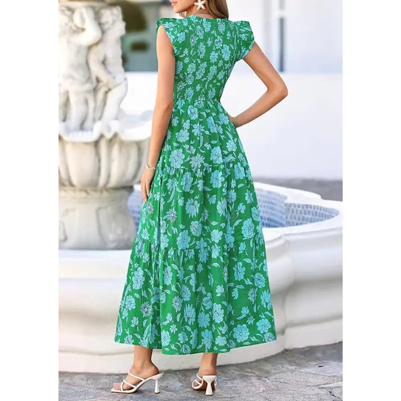 ✨✨Women's Cotton Boho Floral Maxi Dress Summer Smocked V Neck Ruffle Sleeve Spring Flowy Beach Vacation Sundresses