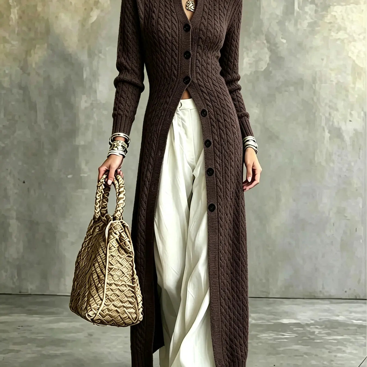 💚Women's Cable Knit Long Cardigan Slim Fit Acrylic Apricot Outerwear