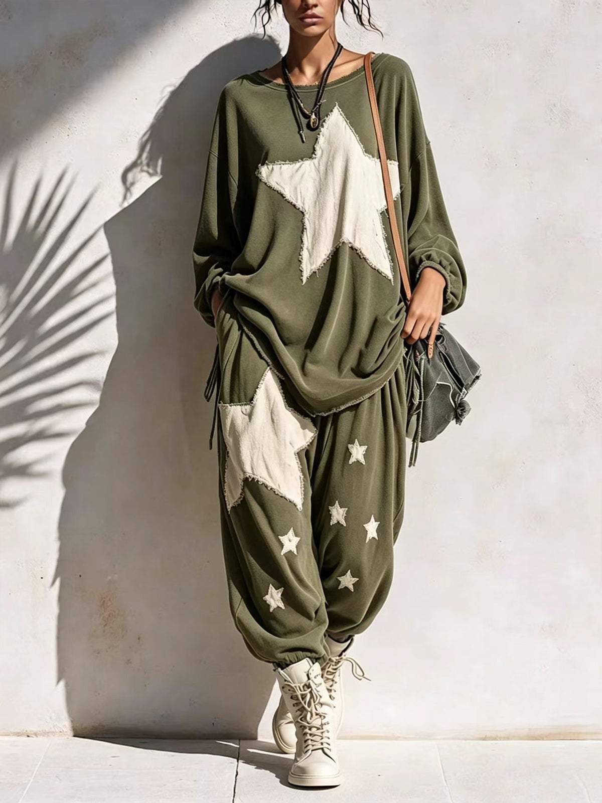 🤲LAST DAY SAVE 49% ⏰Relaxed-fit Casual Cotton Sweatshirt Set With "star Patchwork" And Raw-edge Detailing