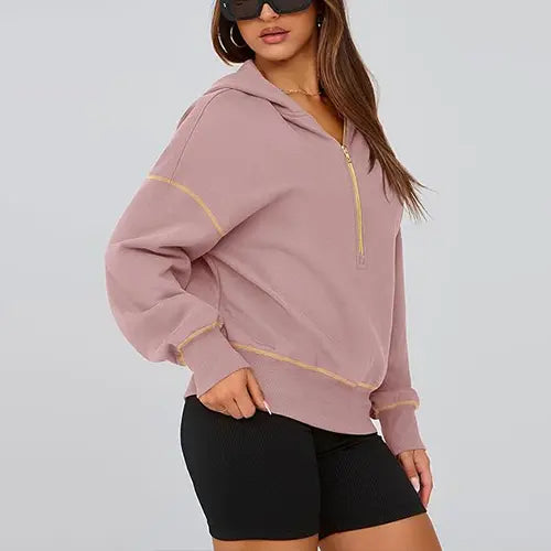 ✨✨Women's Pink Hooded Sweatshirt Long Sleeve Half Zip Cropped Pullover with Zipper & Stitching Detail for Winter Fashion