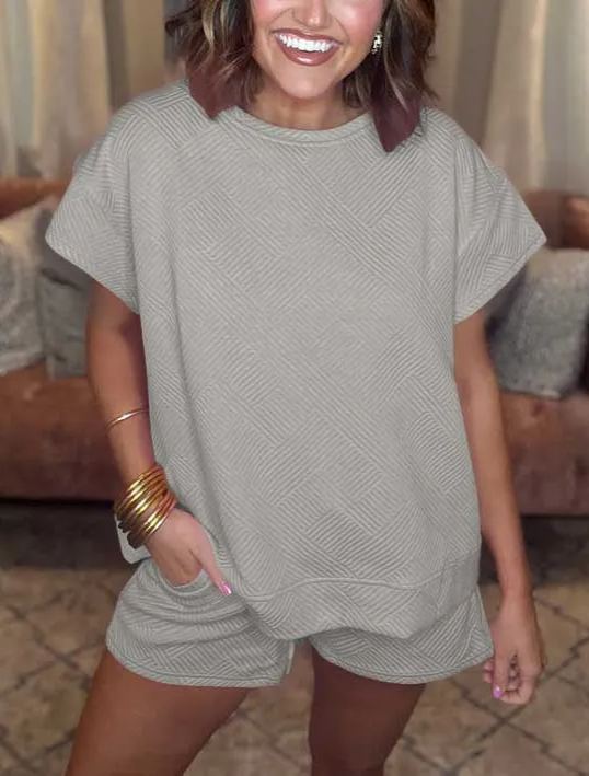 Women's Solid Textured Drawstring Shorts Set