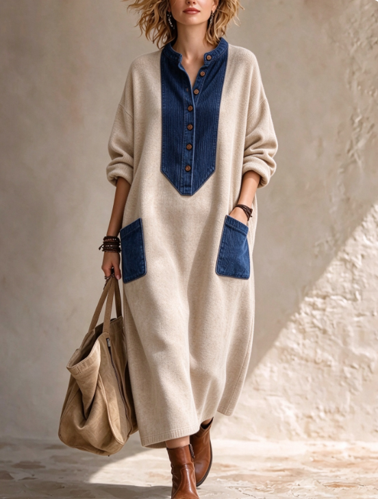 🤲LAST DAY SAVE 49% ⏰Boho Casual Cozy Colorblock Faux Suede Maxi Dress