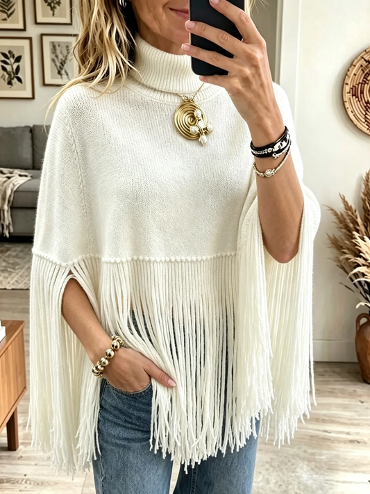 🤲LAST DAY SAVE 49% ⏰Women's Turtleneck Fringe Knit Poncho Sweater