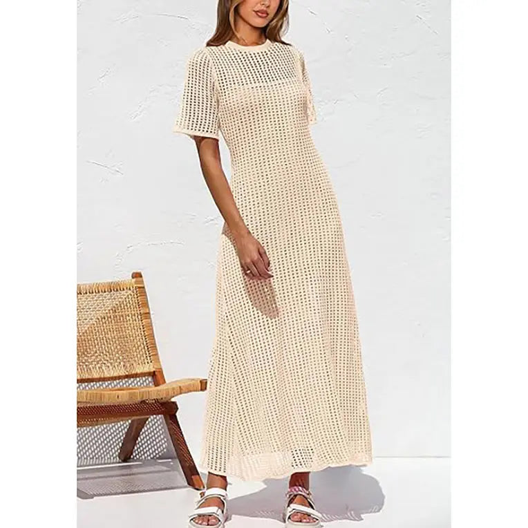 ✨✨Womens Eyelet Cover Up Dress Summer Resort Maxi Dress with Beach Short Sleeves, Hollow Out Design & Hollow Out Sundress Style