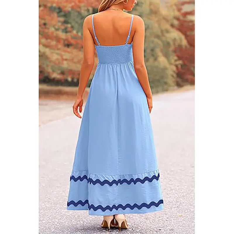 ✨✨Women's Summer Flowy Maxi Dress Casual Sleeveless Spaghetti Strap Ruffle Beach Long Dresses-Womenswear Minimalist Light Blue Basic Machine Washable