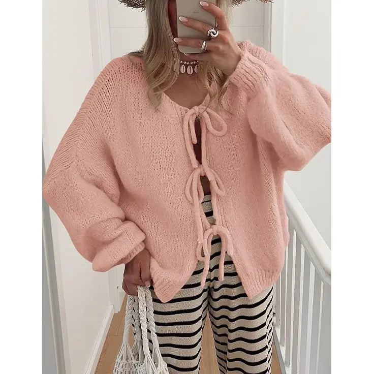 ✨✨Women's Tie Front Bow Cardigan Sweaters Chunky Knit Long Puff Sleeve Trendy Fall Winter Jacket Coats