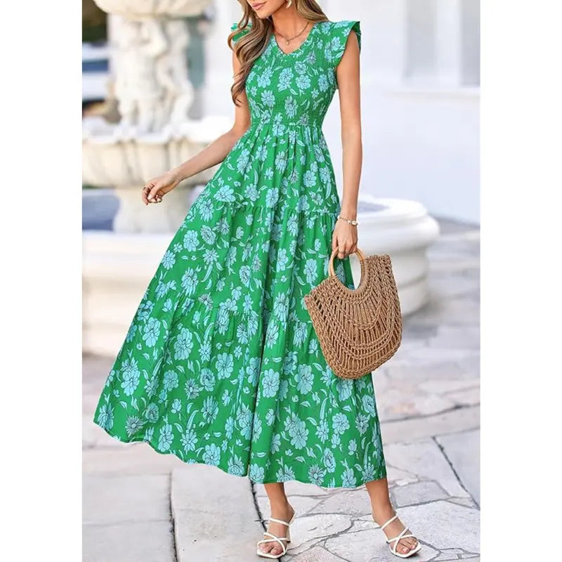 ✨✨Women's Cotton Boho Floral Maxi Dress Summer Smocked V Neck Ruffle Sleeve Spring Flowy Beach Vacation Sundresses