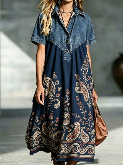 💛Women’s Denim Spliced Gradient Leopard Print Shirt Midi Dress
