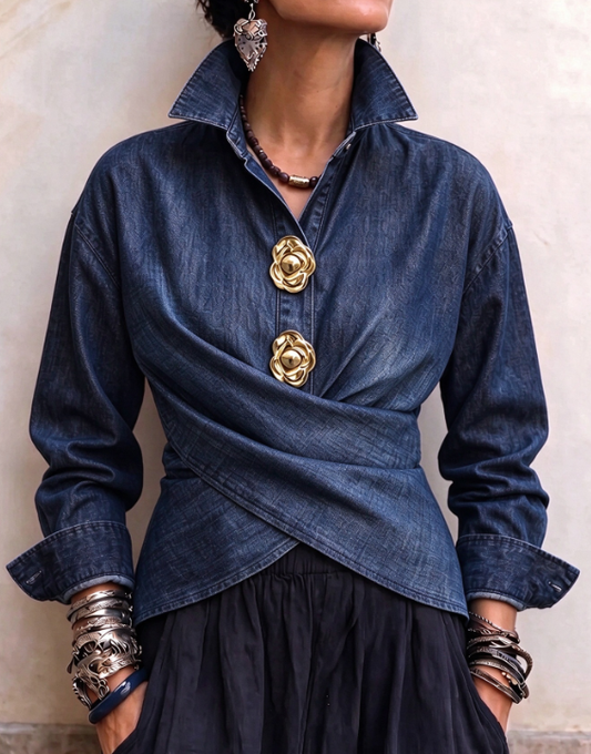 🤲LAST DAY SAVE 49% ⏰Chic Wrap-Front Denim Shirt with Gold Floral Buttons