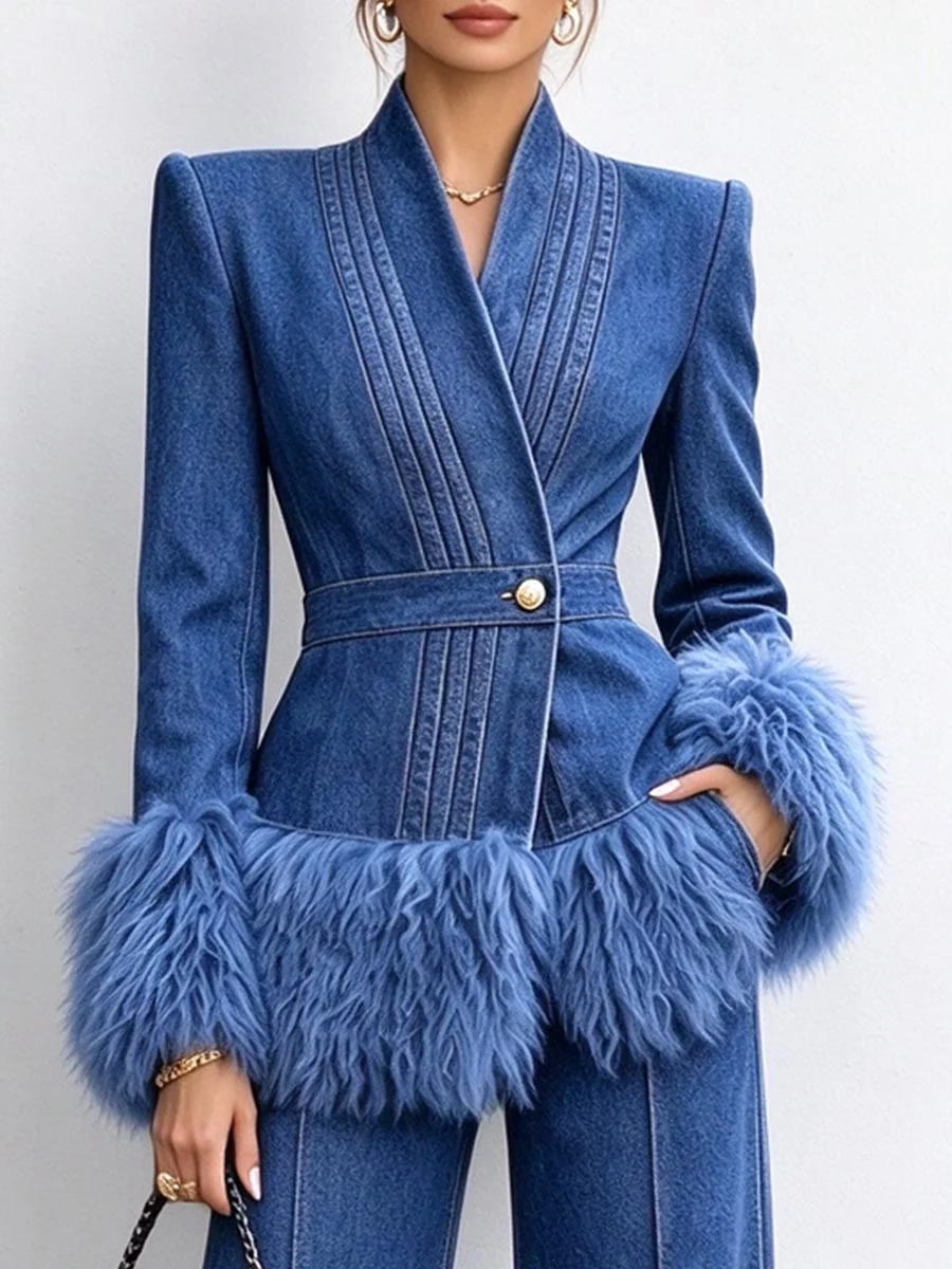 💛LAST DAY SAVE 49% ⏰Women's Tailored Denim Jacket with Faux Fur Trim-FREE Handbag