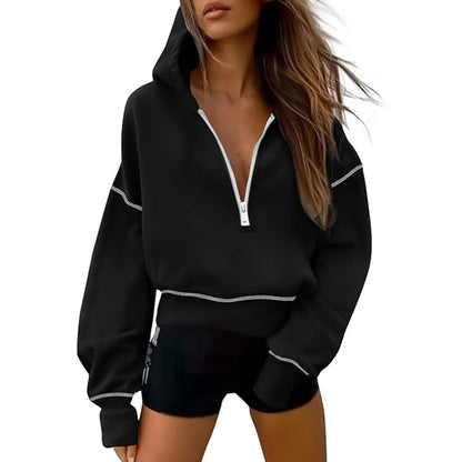 ✨✨Women's Pink Hooded Sweatshirt Long Sleeve Half Zip Cropped Pullover with Zipper & Stitching Detail for Winter Fashion