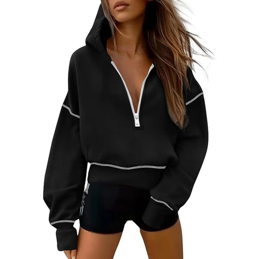 ✨✨Women's Pink Hooded Sweatshirt Long Sleeve Half Zip Cropped Pullover with Zipper & Stitching Detail for Winter Fashion