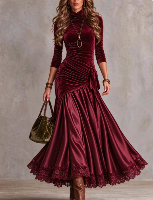 🤲LAST DAY SAVE 49% ⏰Women's Vintage Velvet Ruched Maxi Dress with Lace Trim