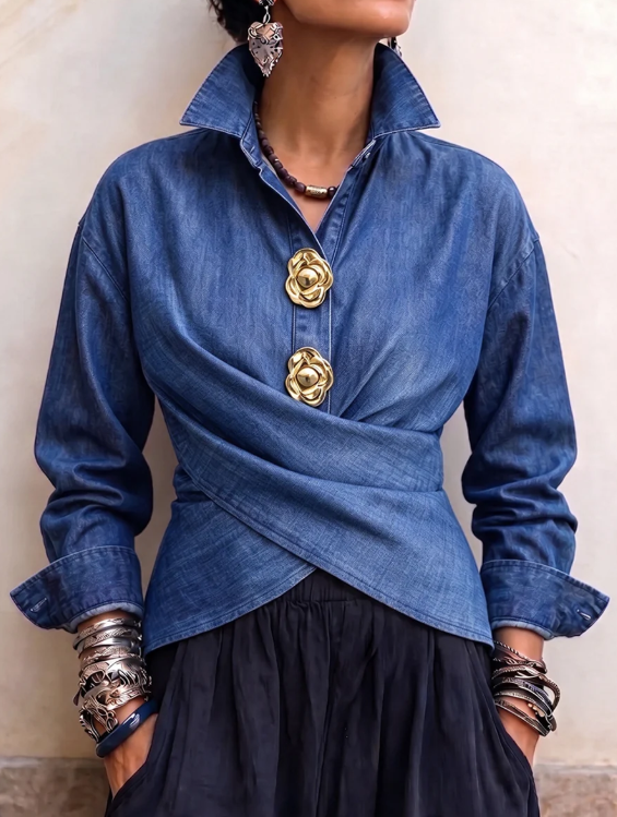 🤲LAST DAY SAVE 49% ⏰Chic Wrap-Front Denim Shirt with Gold Floral Buttons