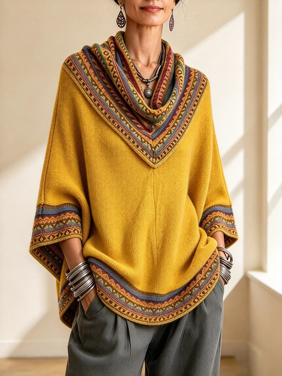 💛LAST DAY SAVE 49% ⏰Boho Cozy Mustard Yellow Oversized Raped Cowl Knit Top