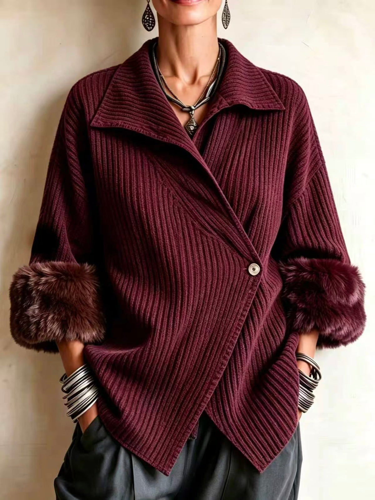 🤲LAST DAY SAVE 49% ⏰Cozy Ribbed Fur-trimmed Knitted Cardigan